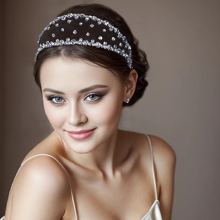 Serre-tête large avec strass et voile élégant pour femme