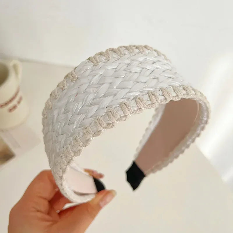 Serre-tête large en paille tressée blanc pour femme – style bohème chic été