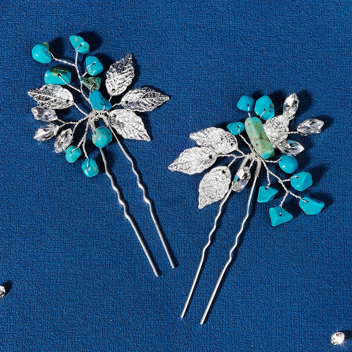 Épingle à cheveux argentée à pierres turquoise - Lot de 2