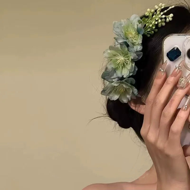Peigne à Cheveux Fleurs Vert bleuté pour Mariage Bohème - accessoire cheveux boho