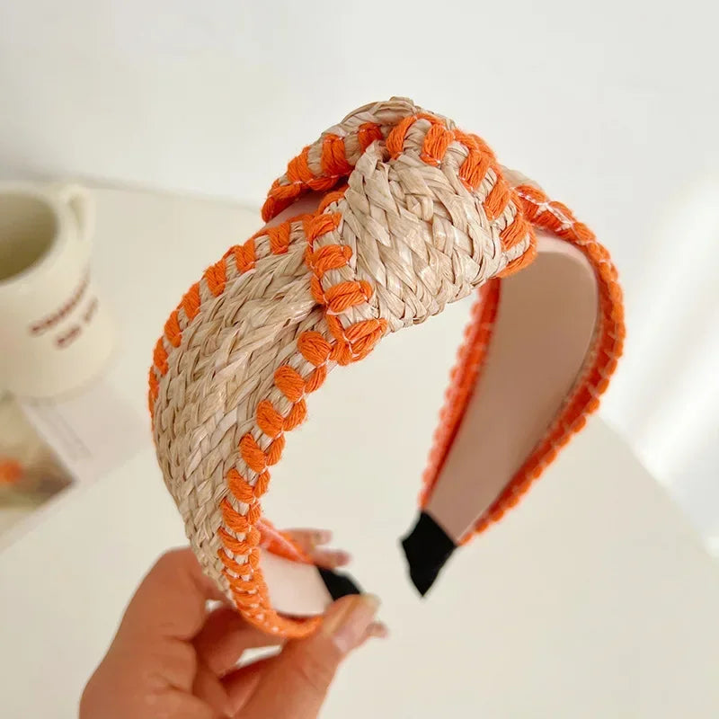 Serre-tête bohème en paille tressée orange pour femme – style naturel chic été