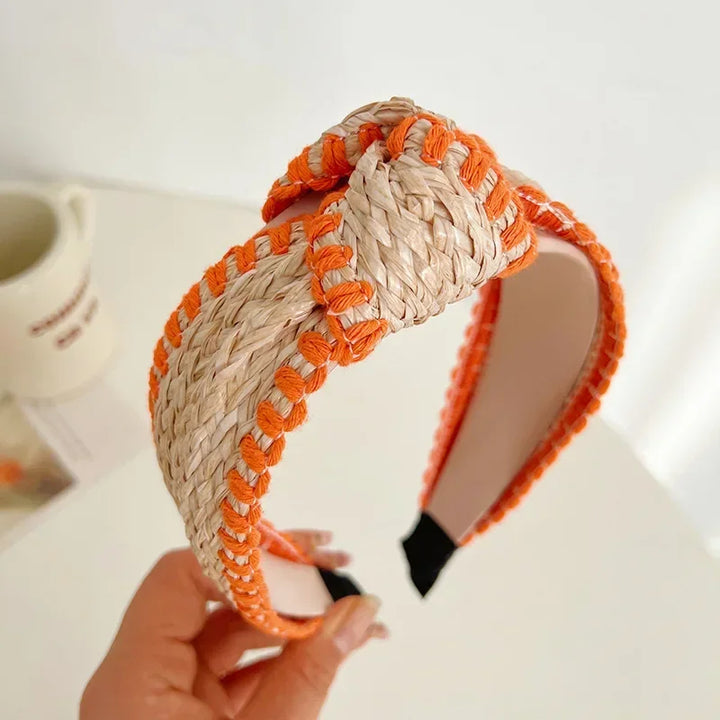 Serre-tête bohème en paille tressée orange pour femme – style naturel chic été