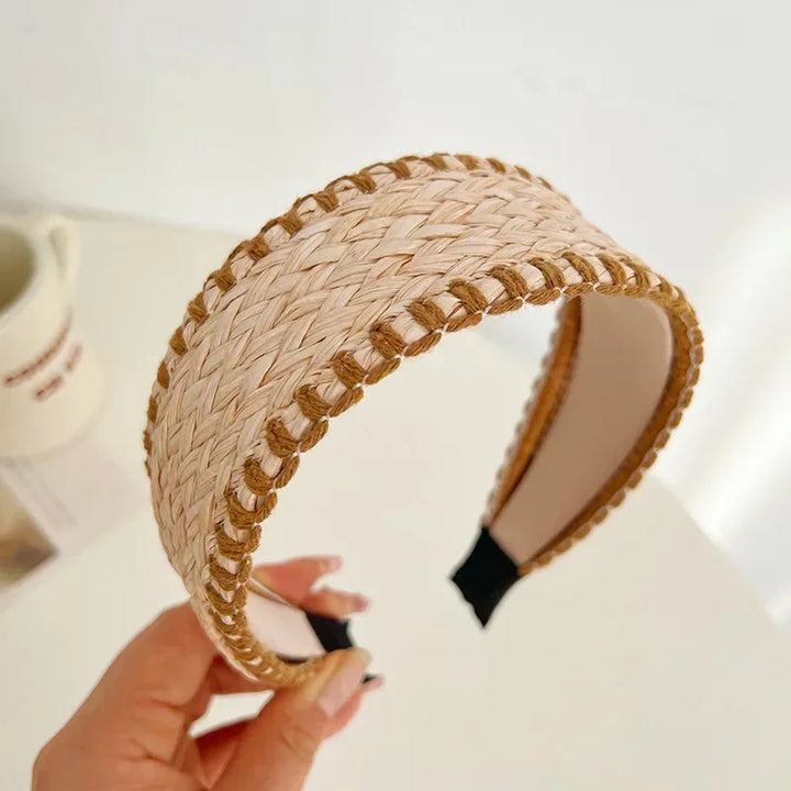 Serre-tête large en paille tressée pour femme – style bohème chic été
