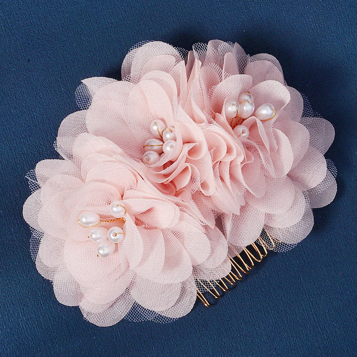 Peigne à Cheveux Fleurs en Tulle avec perles, Rose