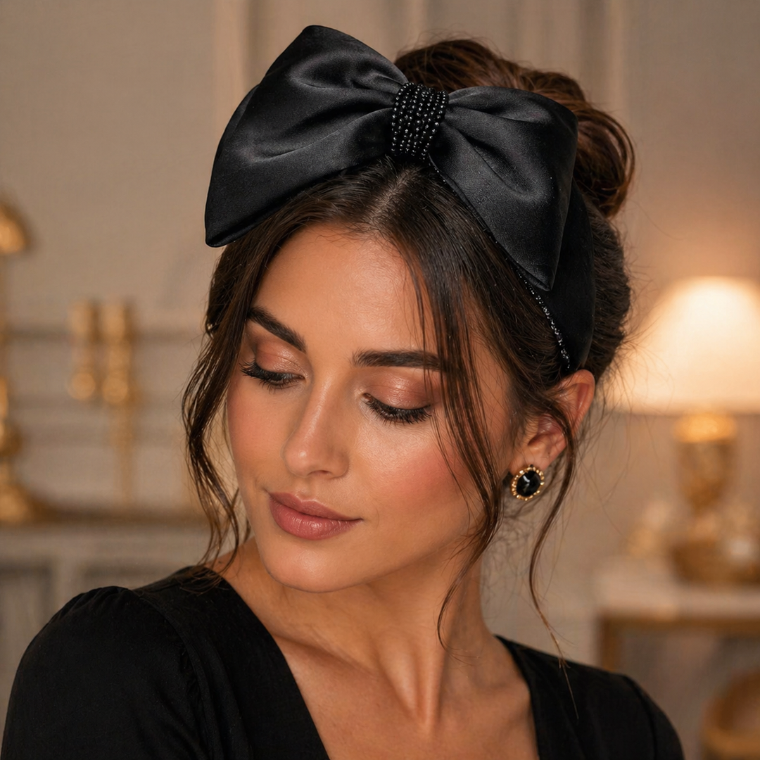 Serre-tête avec nœud en satin noir élégant pour femme