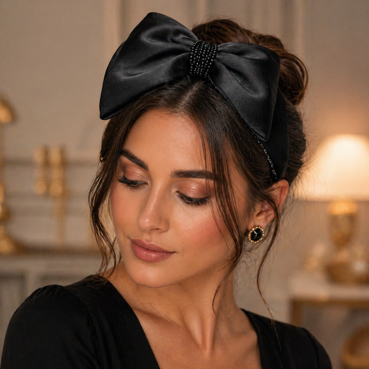 Serre-tête avec nœud en satin noir élégant pour femme