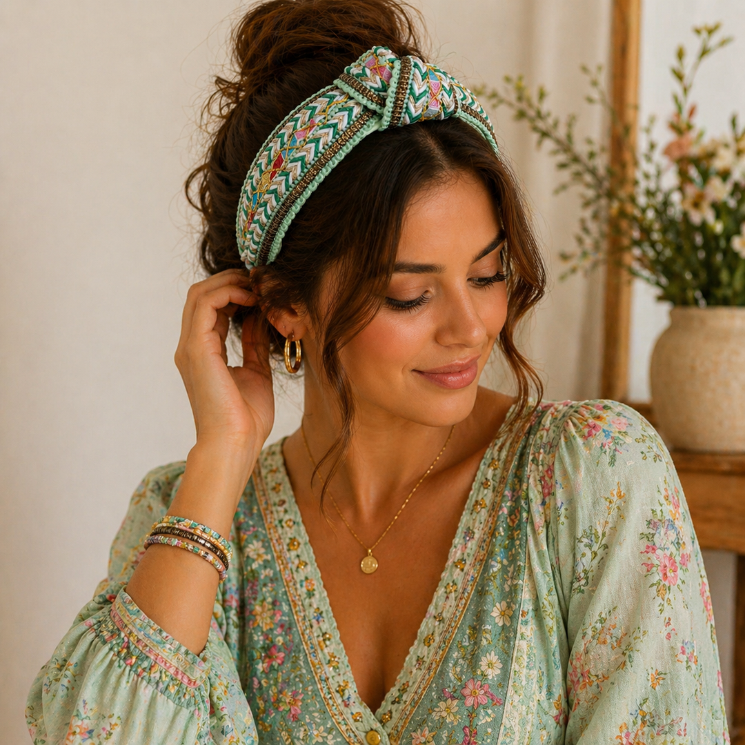 Serre-tête bohème brodé femme multicolore – style ethnique chic tendance