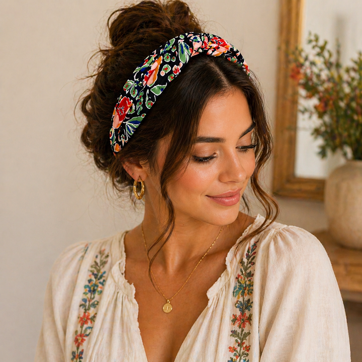 Serre-tête bohème femme à motif floral coloré – style boho chic confortable