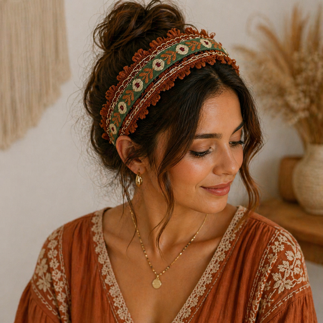 Serre-tête brodé bohème vintage – motif ethnique avec finitions décoratives