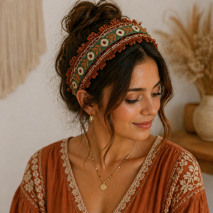 Serre-tête brodé bohème vintage – motif ethnique avec finitions décoratives