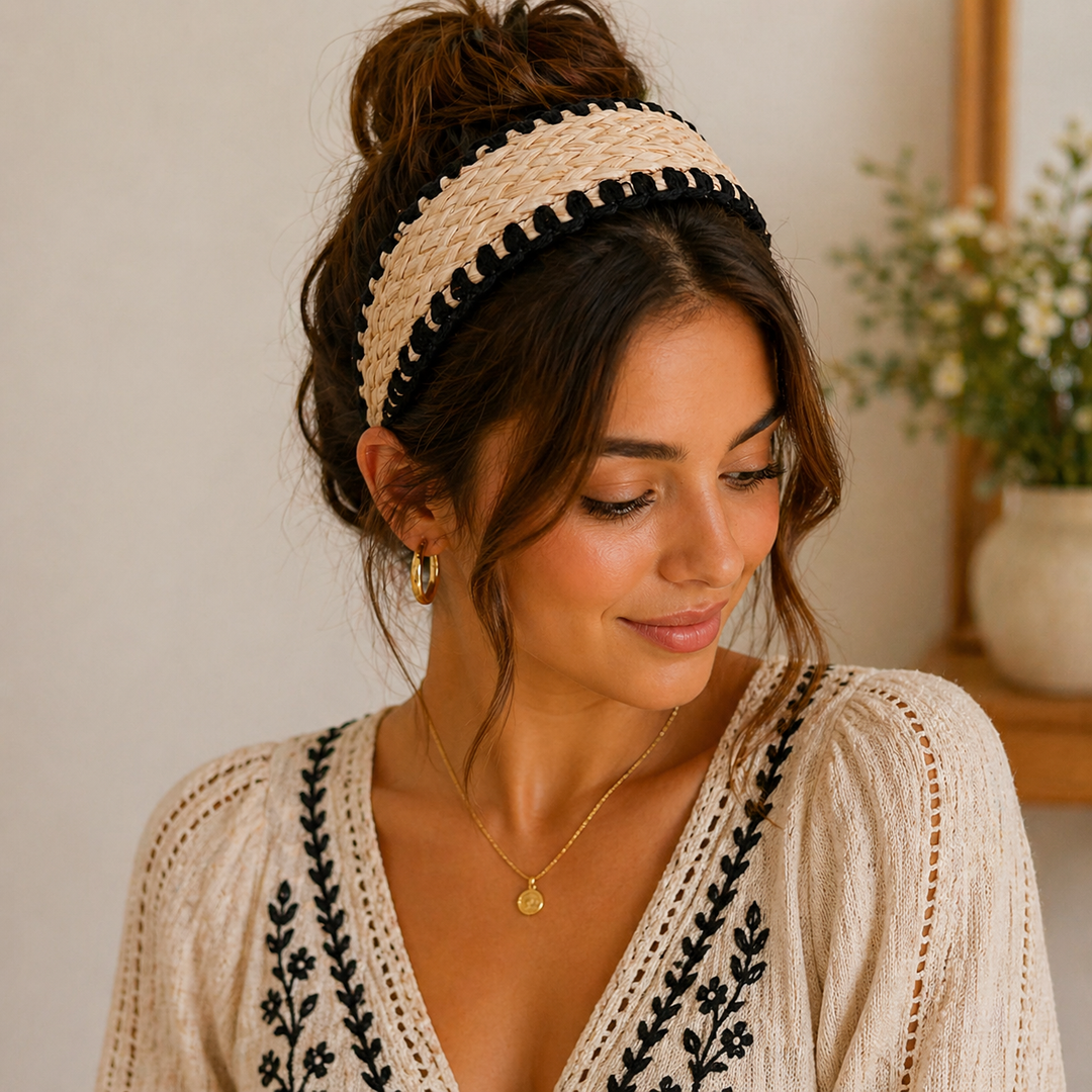 Serre-tête large en paille tressée pour femme – style bohème chic été