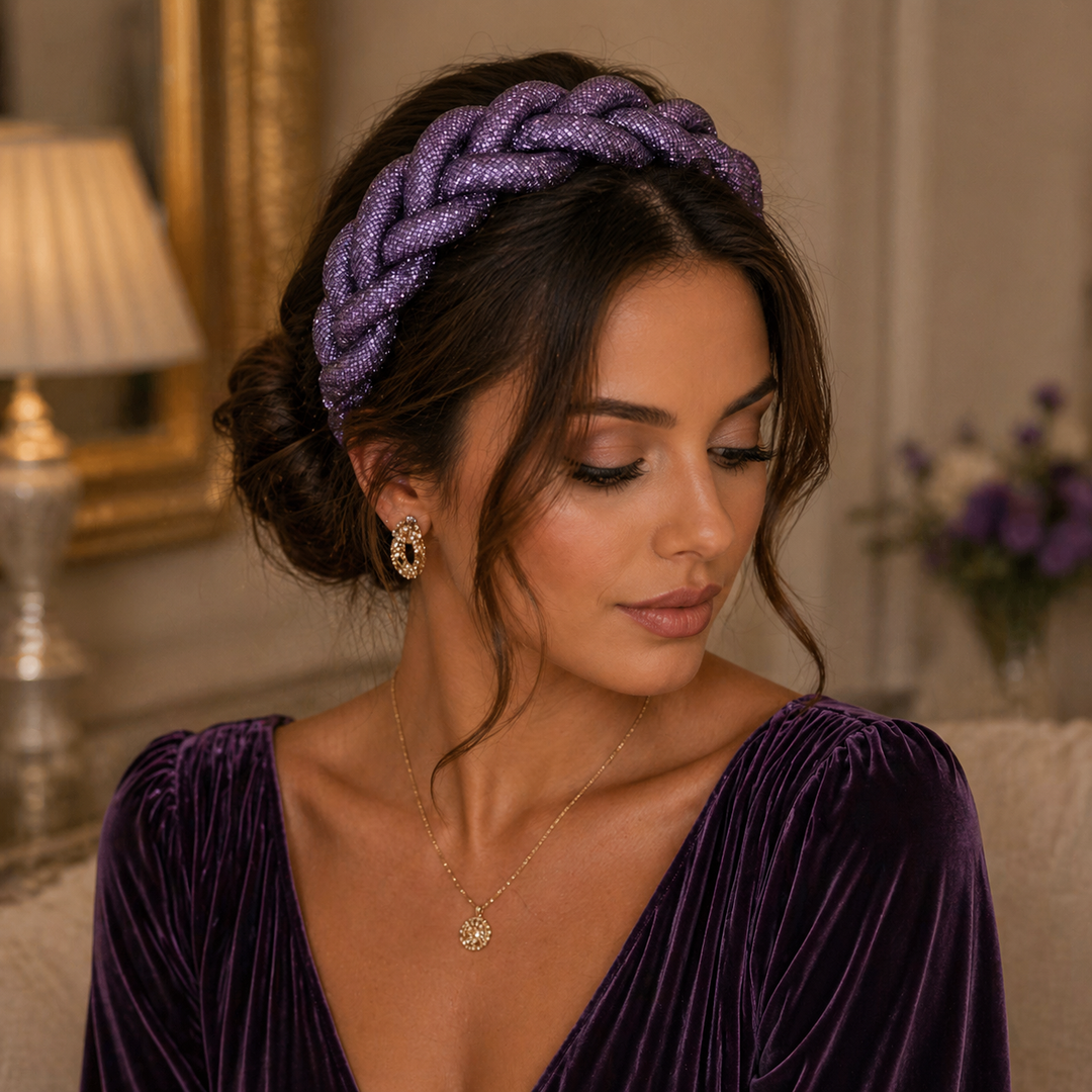 Serre-tête large tressé violet brillant pour femme chic