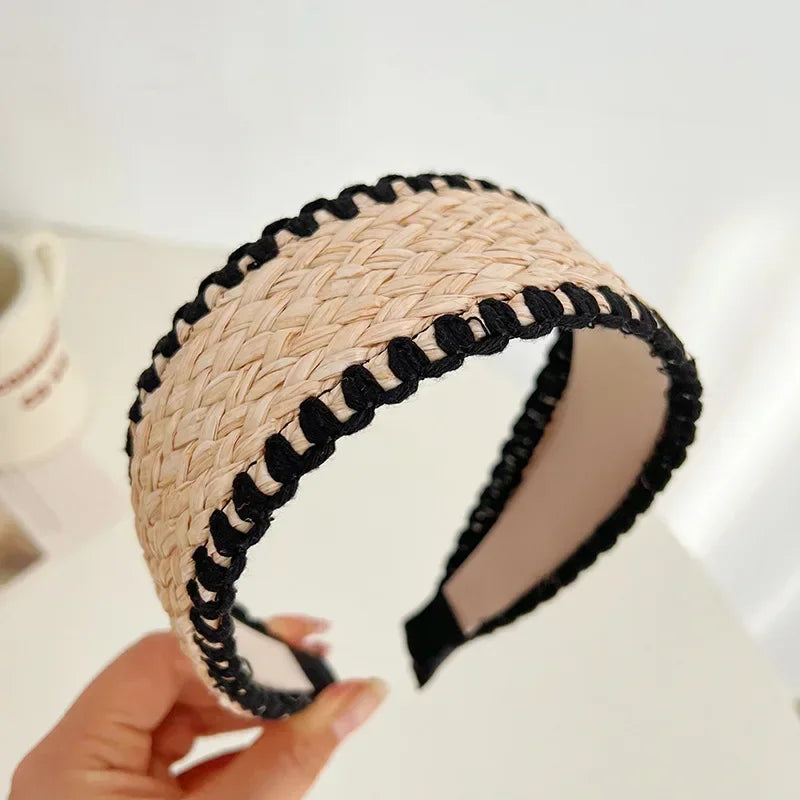 Serre-tête large en paille tressée noir pour femme – style bohème chic été