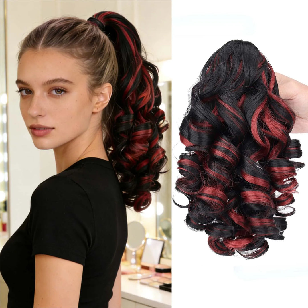 Extension de queue de cheval bouclée avec pince crabe, 35 cm noir méché