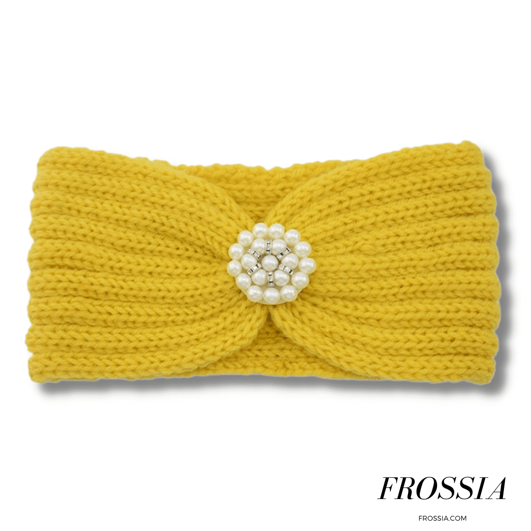Bandeau cheveux jaune moutarde en laine avec bijoux | Frossia