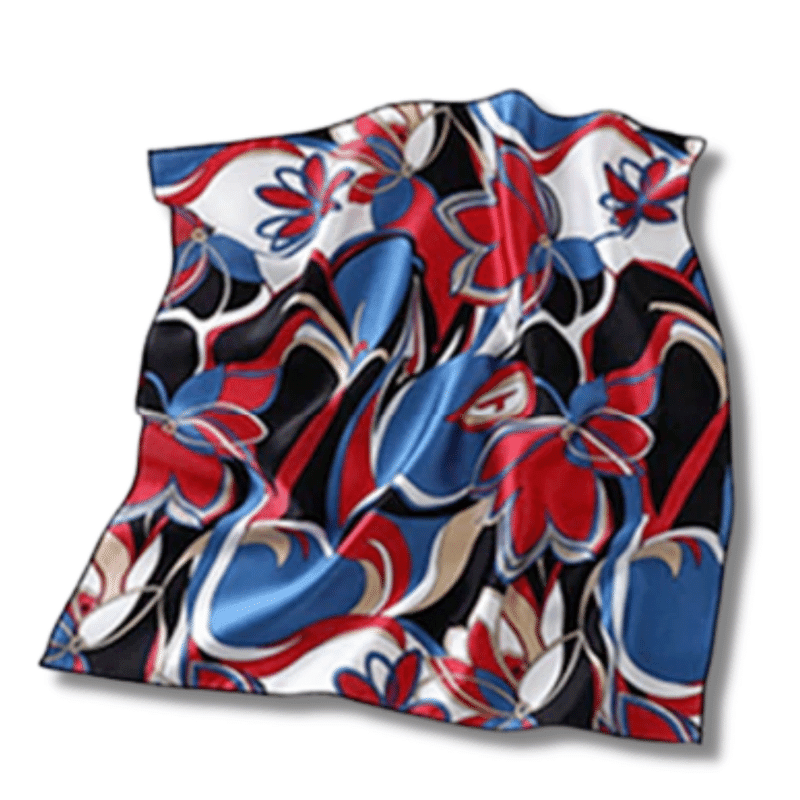 foulard fleuri pour cheveux en soie bleu et rouge